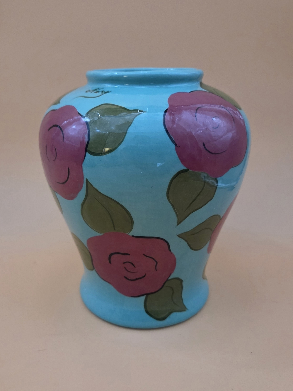 Vintage Studio Art HandPainted Ceramic Turquoise Pink Roses Glazed Artist Signed